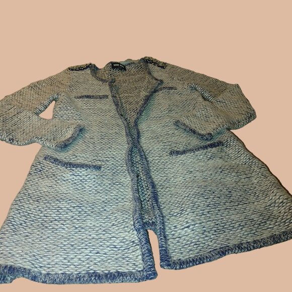 Vero Moda Lina Knit Cardigan Blue Tweed Accents Pockets Beads Studs Hook Closure - Picture 1 of 16